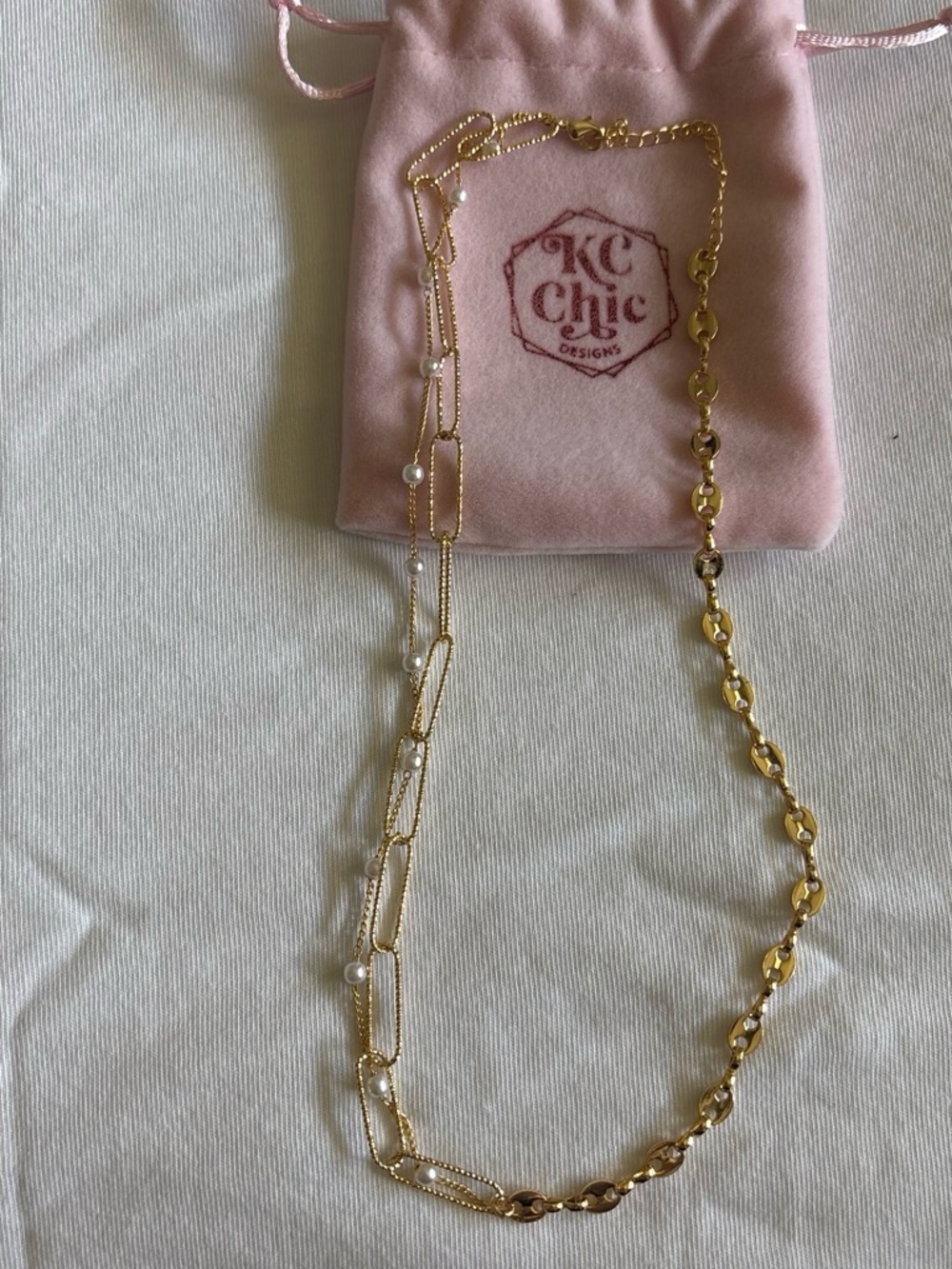 KC Chic Gold Layered Pearl & Link Necklace